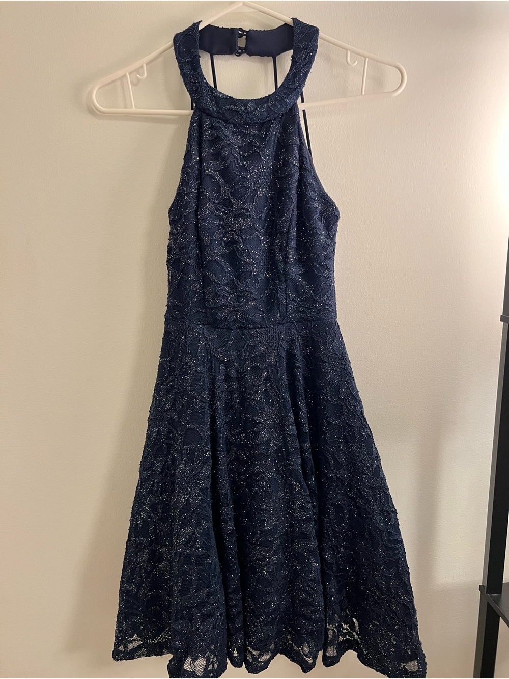 Navy Sparkly Halter Lace A-Line Dress